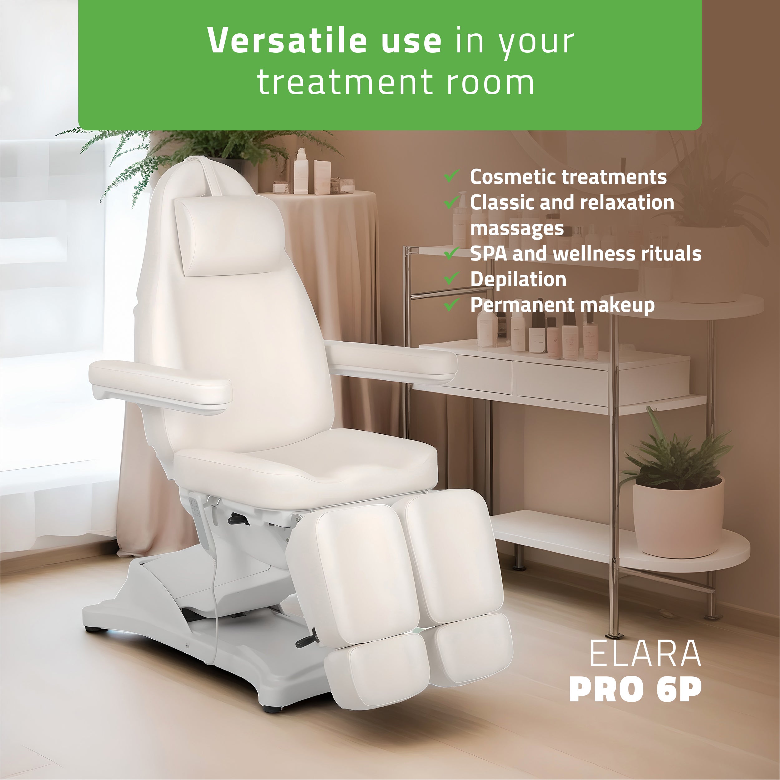 Cosmetic treatment chair, electric Elara PRO 6P, white